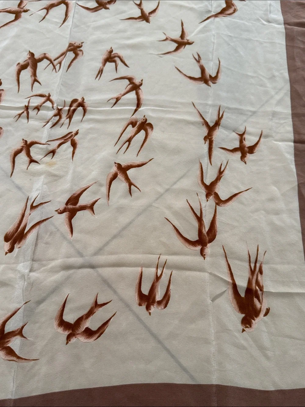 Idk Manila SWALLOWS Silk Brown & Cream Print Silk Scarf 🧣 vintage